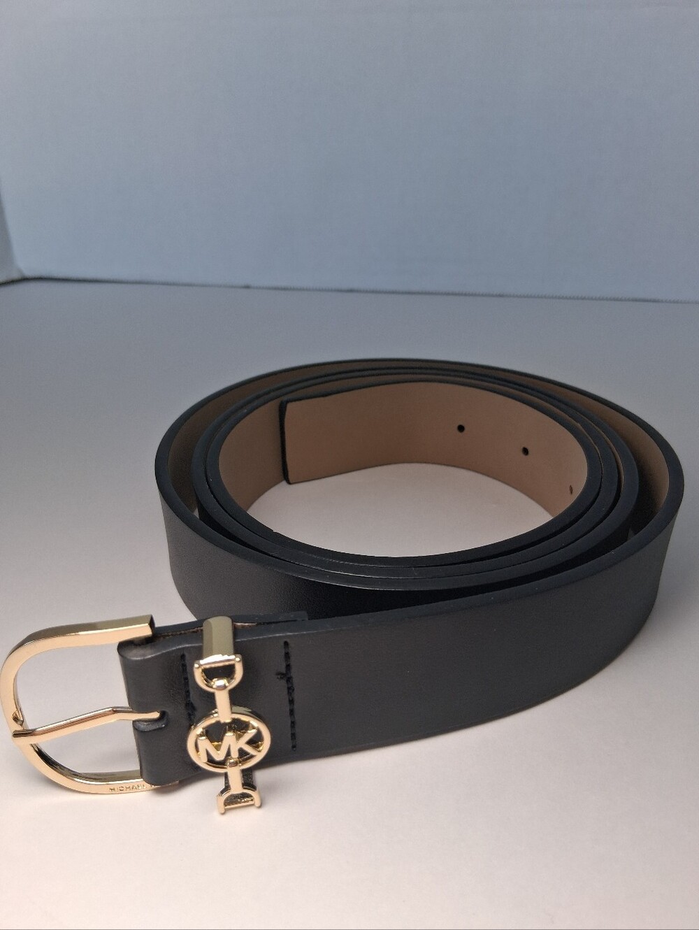 Michael Kors Black Leather Belt with Gold MK Logo Accent